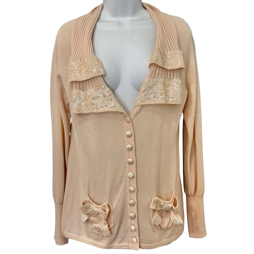 Nanette Lepore Blush Pink Sequin Collar Button Up Merino Wool Cardigan sz L NEW